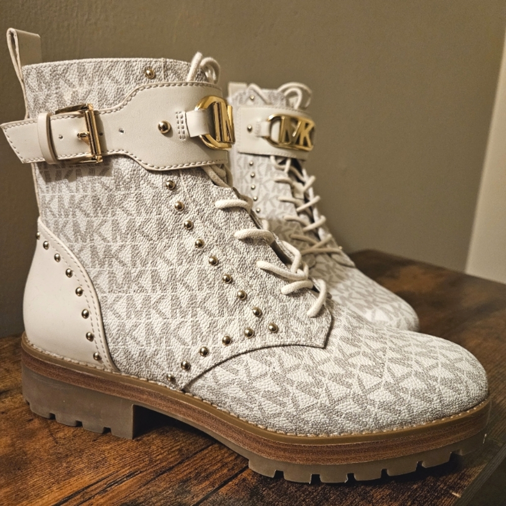 Michael Kors Kincaid Logo Studded Combat Boot Vanilla/Cream
